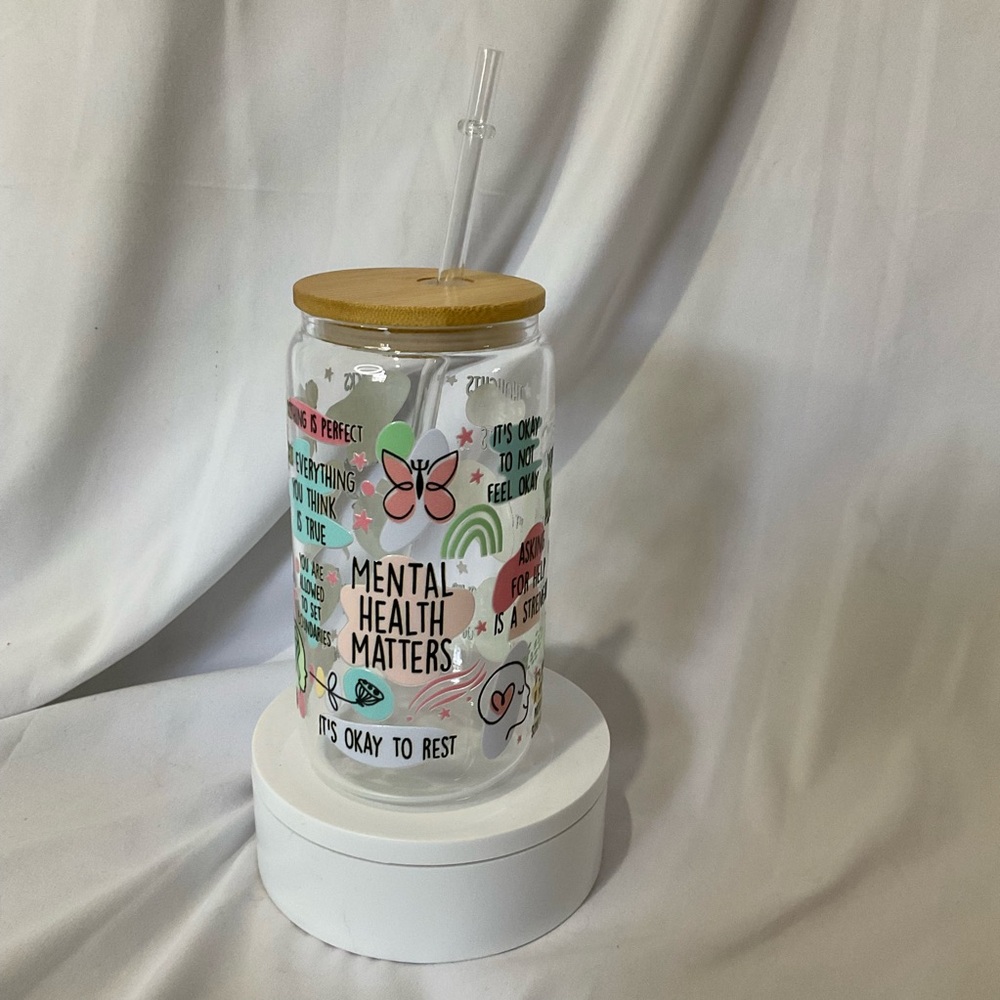 16 Ounce Handmade Glass Can Cup W/Lid & Straw, Mental Health Matters - Picture 1 of 5